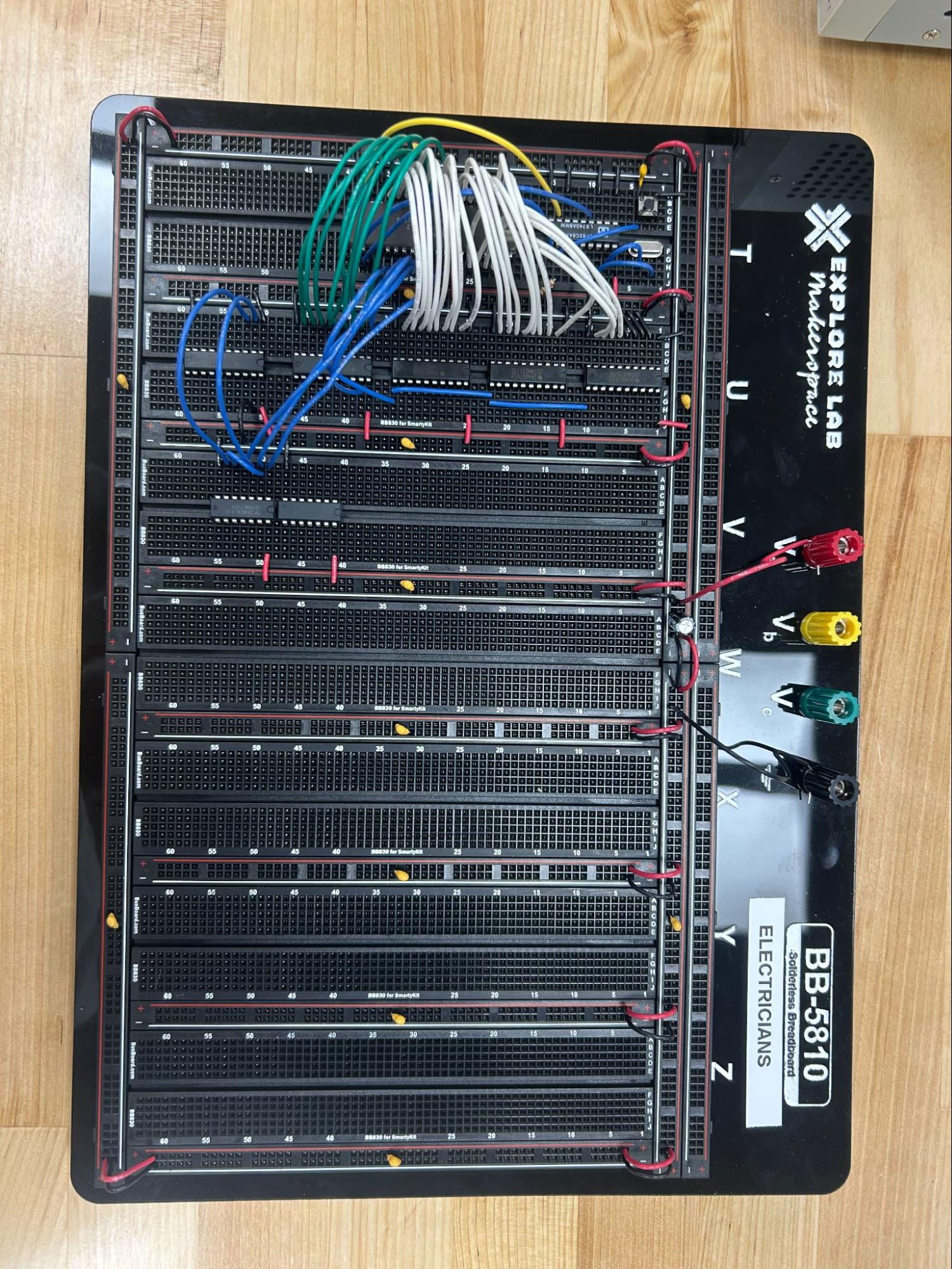 Breadboard with signal, address, and data wires connected